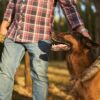 Man petting his german shepherd on the head